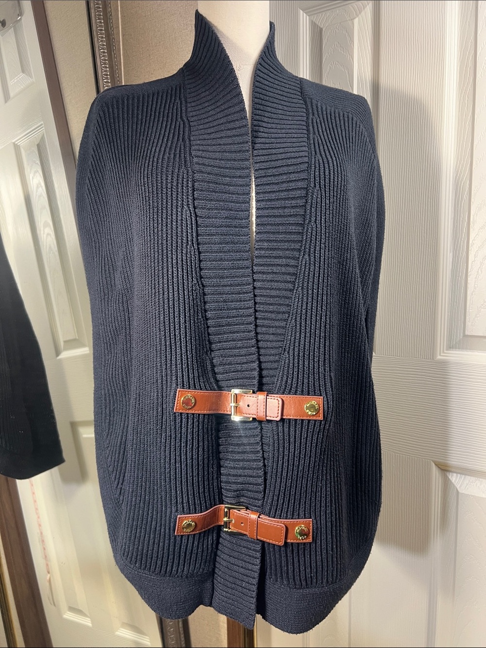 Michael Kors Navy Ribbed Knit Jacket with Brown Leather Buckle Tabs